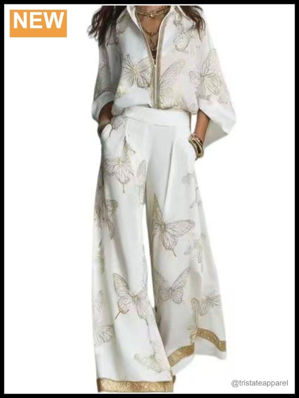 Satin Two Piece Outfit Butterfly Print Button 3/4 Sleeve Wide Leg Pants Set